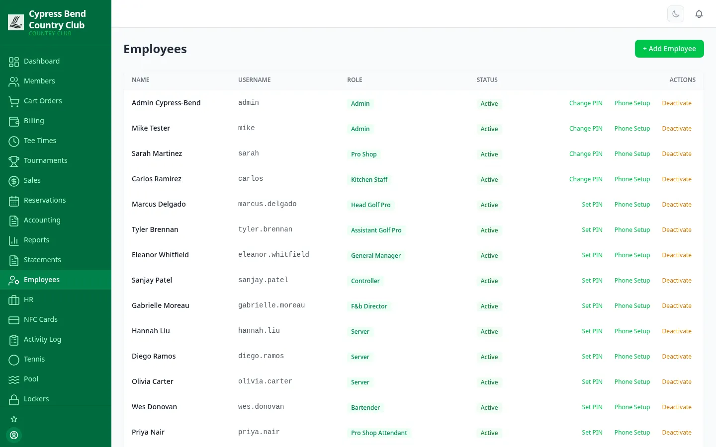 ClubCore employee directory listing staff with role, department and status.