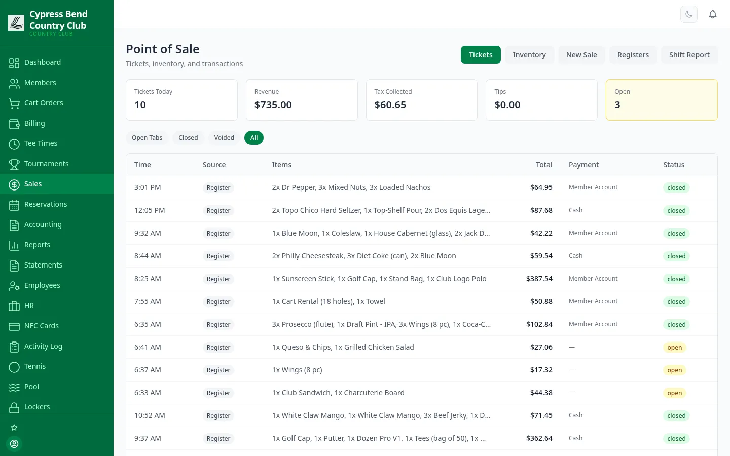 ClubCore POS management — menus, modifiers and register configuration.