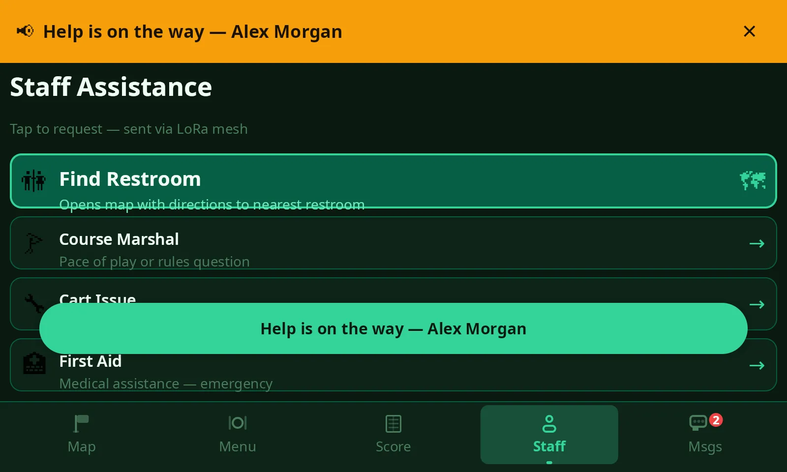 ClubCore cart Staff Assistance screen after a First Aid call: the banner reads Help is on the way — Alex Morgan, sent once a staff member acknowledged the call.