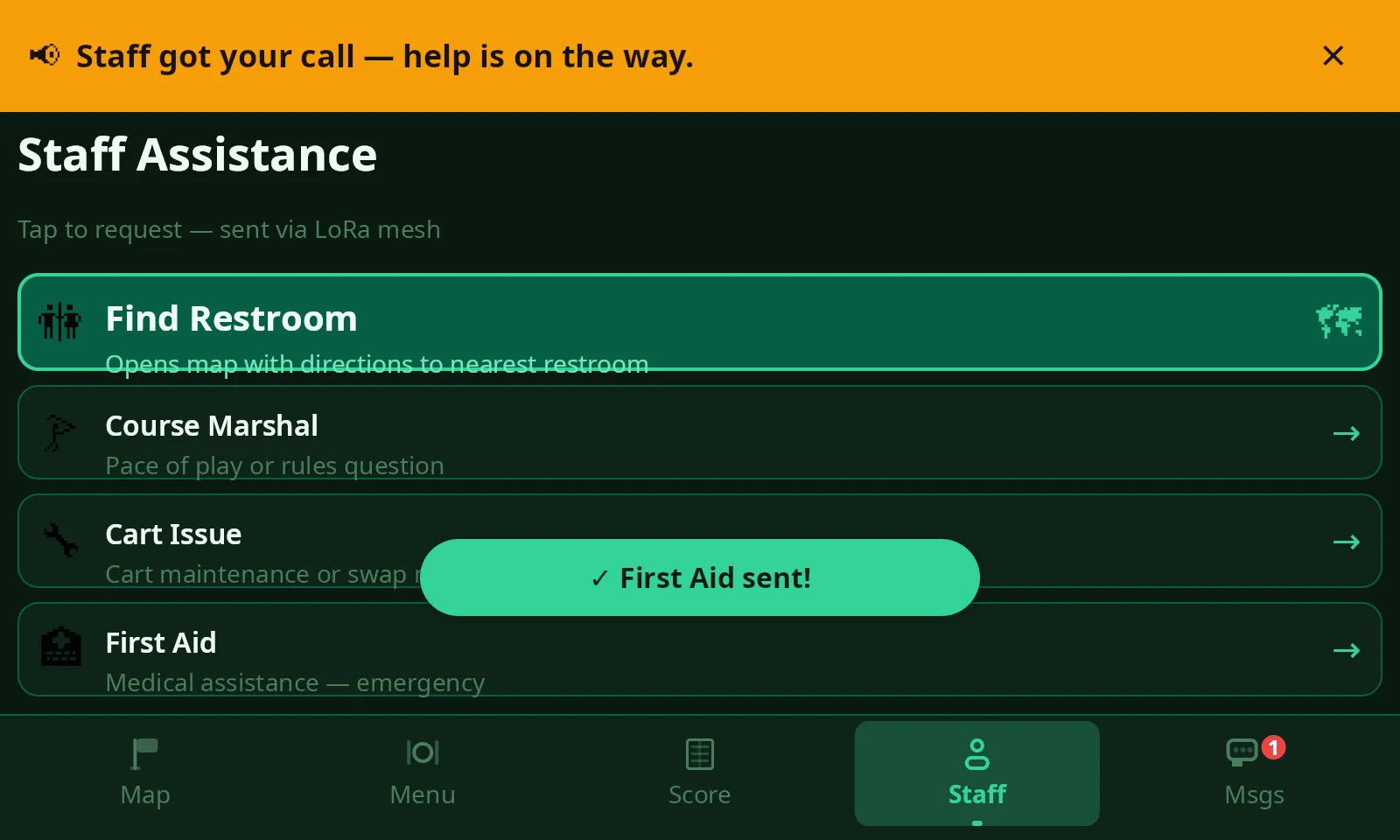 ClubCore cart showing the acknowledgment banner: staff got your call, help is on the way.