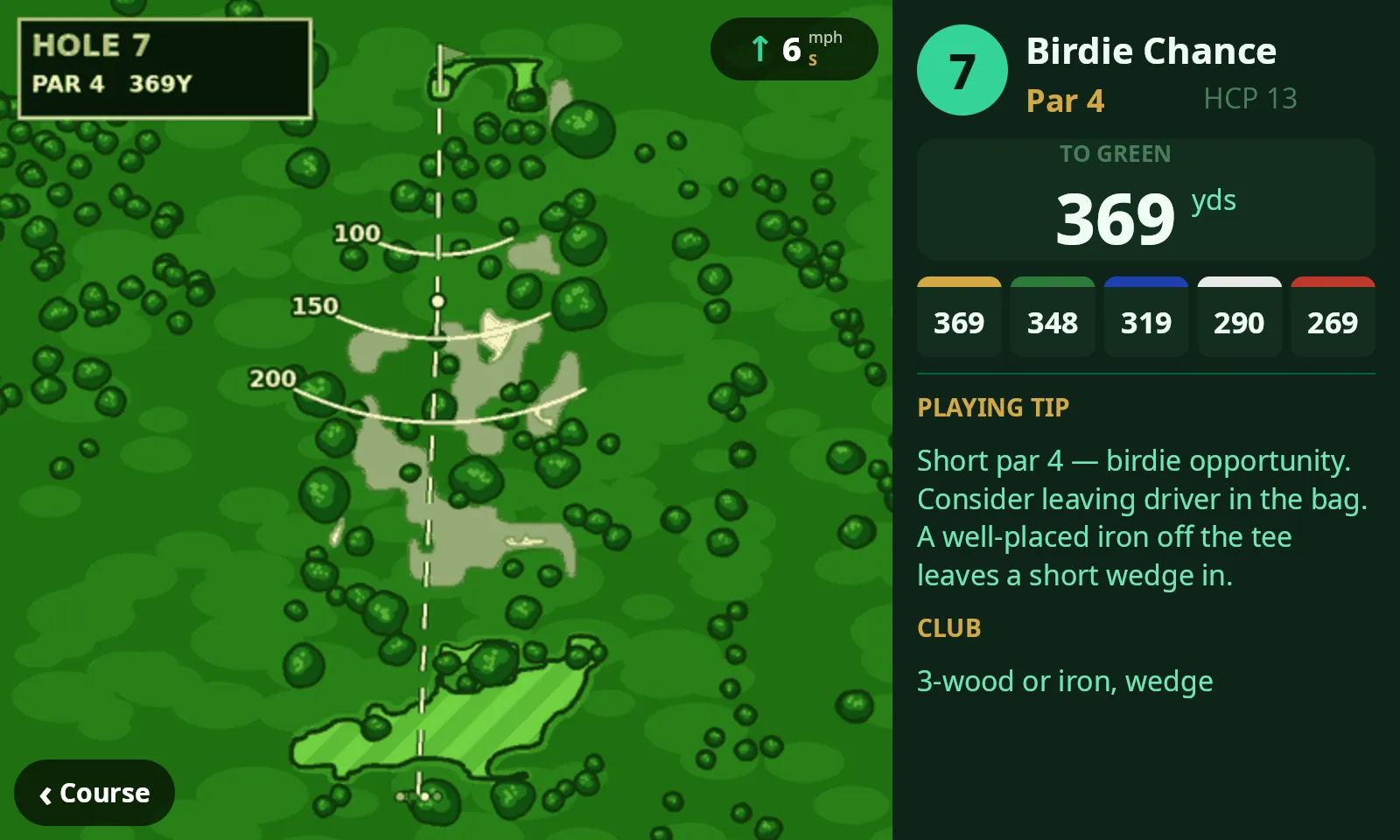 ClubCore cart hole preview — full-screen illustrated map of hole 7 with 100/150/200-yard arcs, plus par, handicap, distance to green, per-tee yardages, a playing tip and a club suggestion.