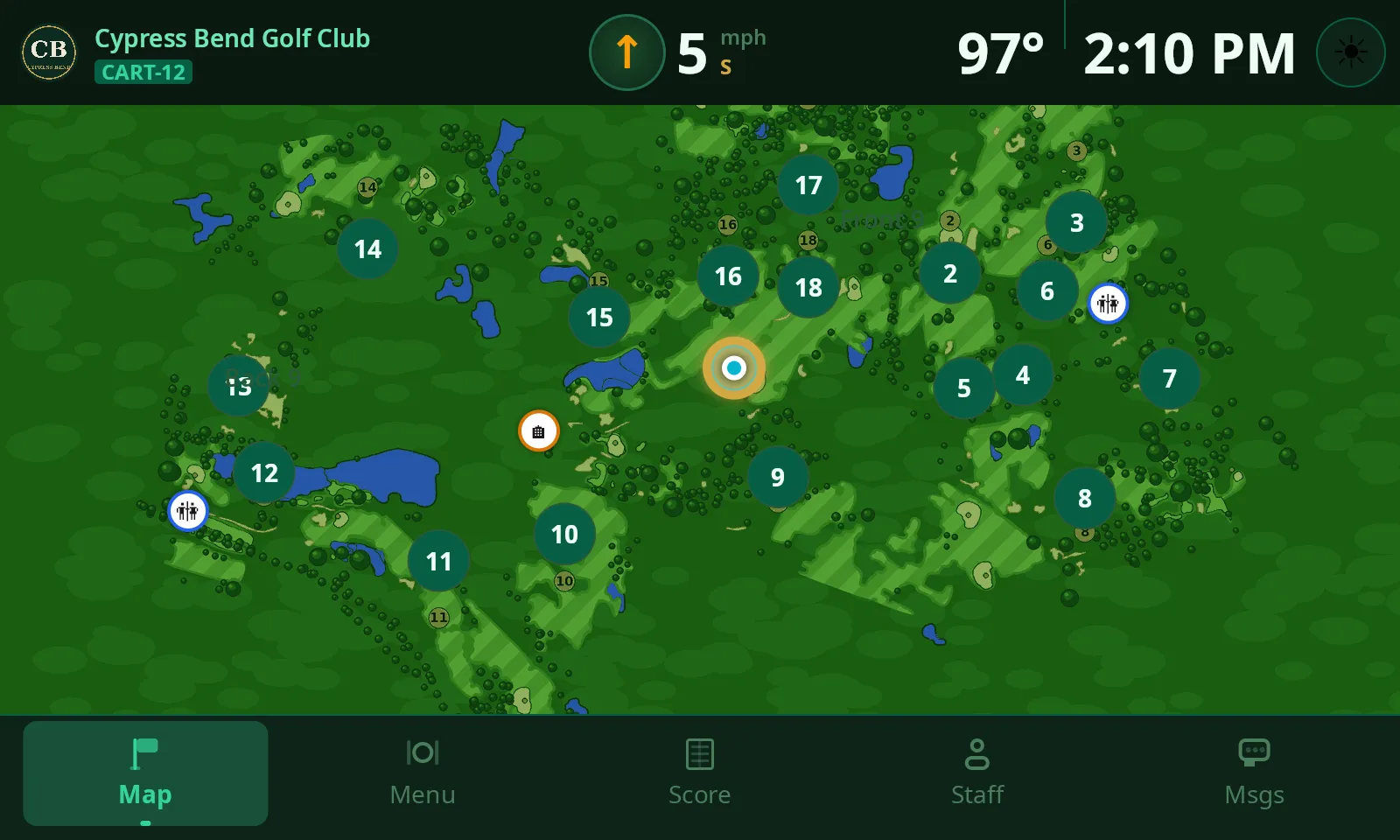 ClubCore cart screen — full course map with numbered hole markers, live cart position, restrooms and clubhouse, with weather in the status bar.