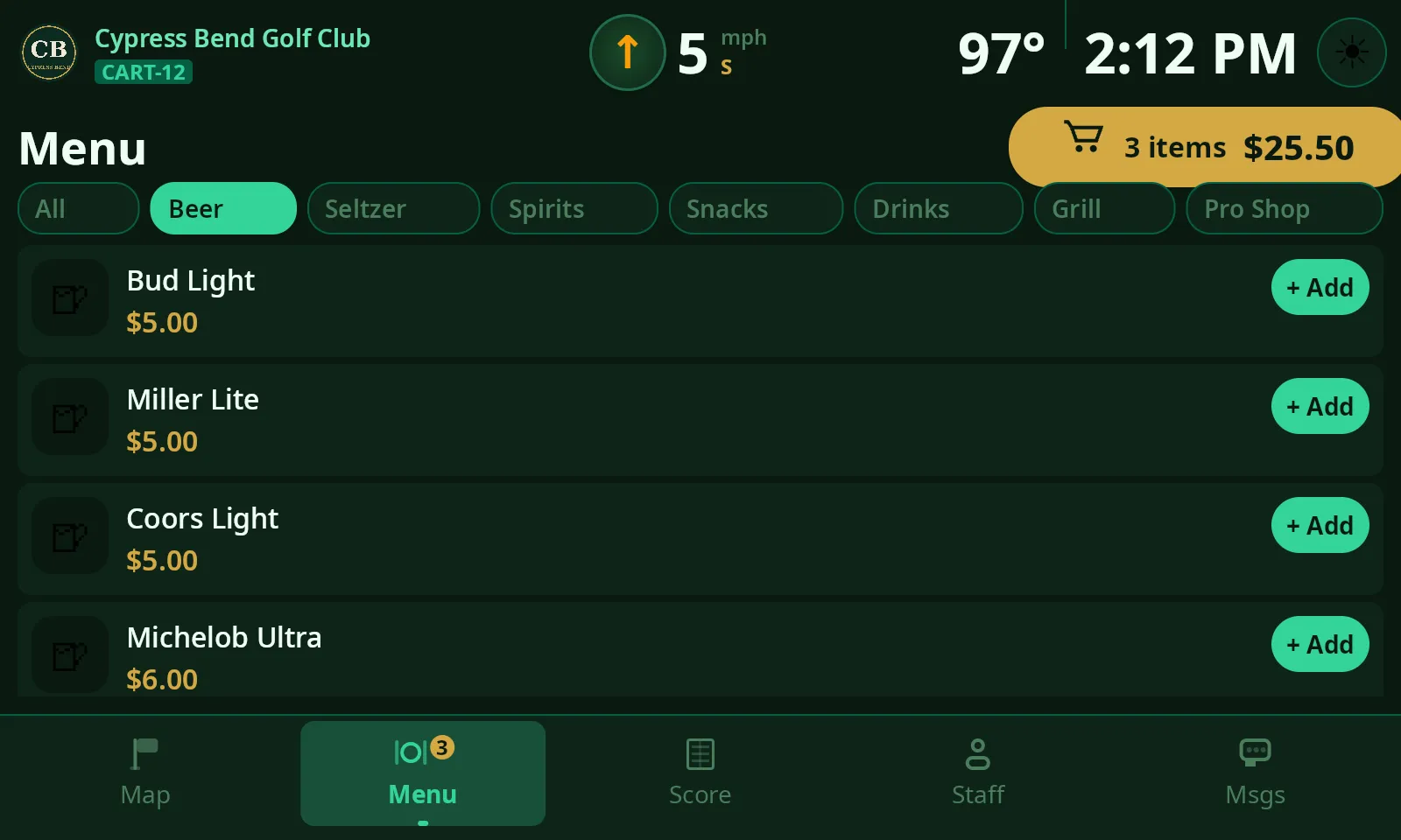 ClubCore cart menu — category chips for beer, seltzer, spirits, snacks, drinks, grill and pro shop, with a running order total pill.