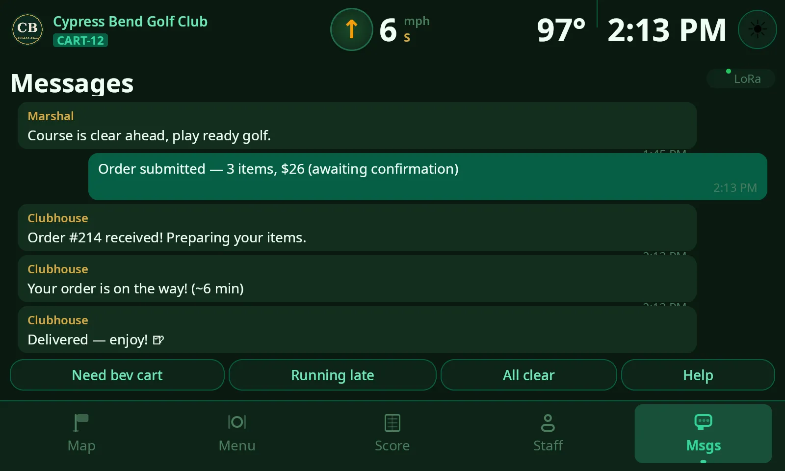 ClubCore cart messages thread — order received, kitchen preparing, on the way with a six-minute ETA, then delivered, plus one-tap quick replies.