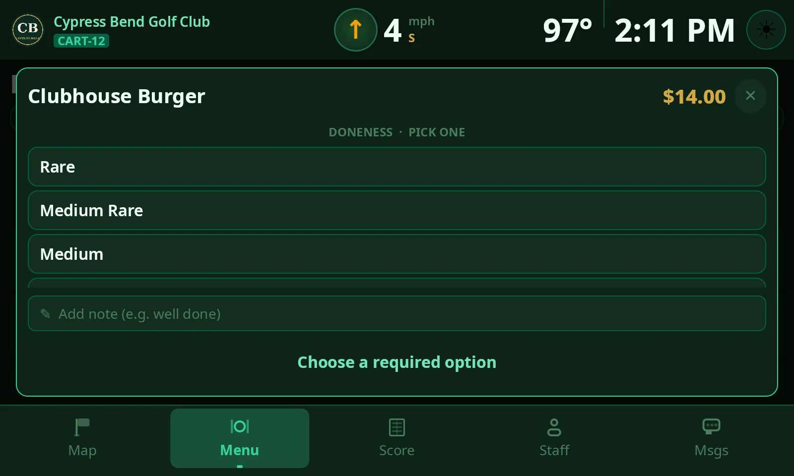ClubCore cart modifier sheet for a Clubhouse Burger — a required doneness choice with the add button held until one is picked.