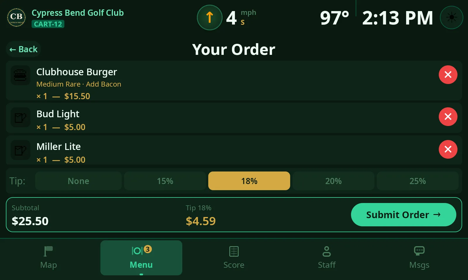 ClubCore cart order review — a burger with Medium Rare and Add Bacon modifiers, two beers, tip presets and a submit button.