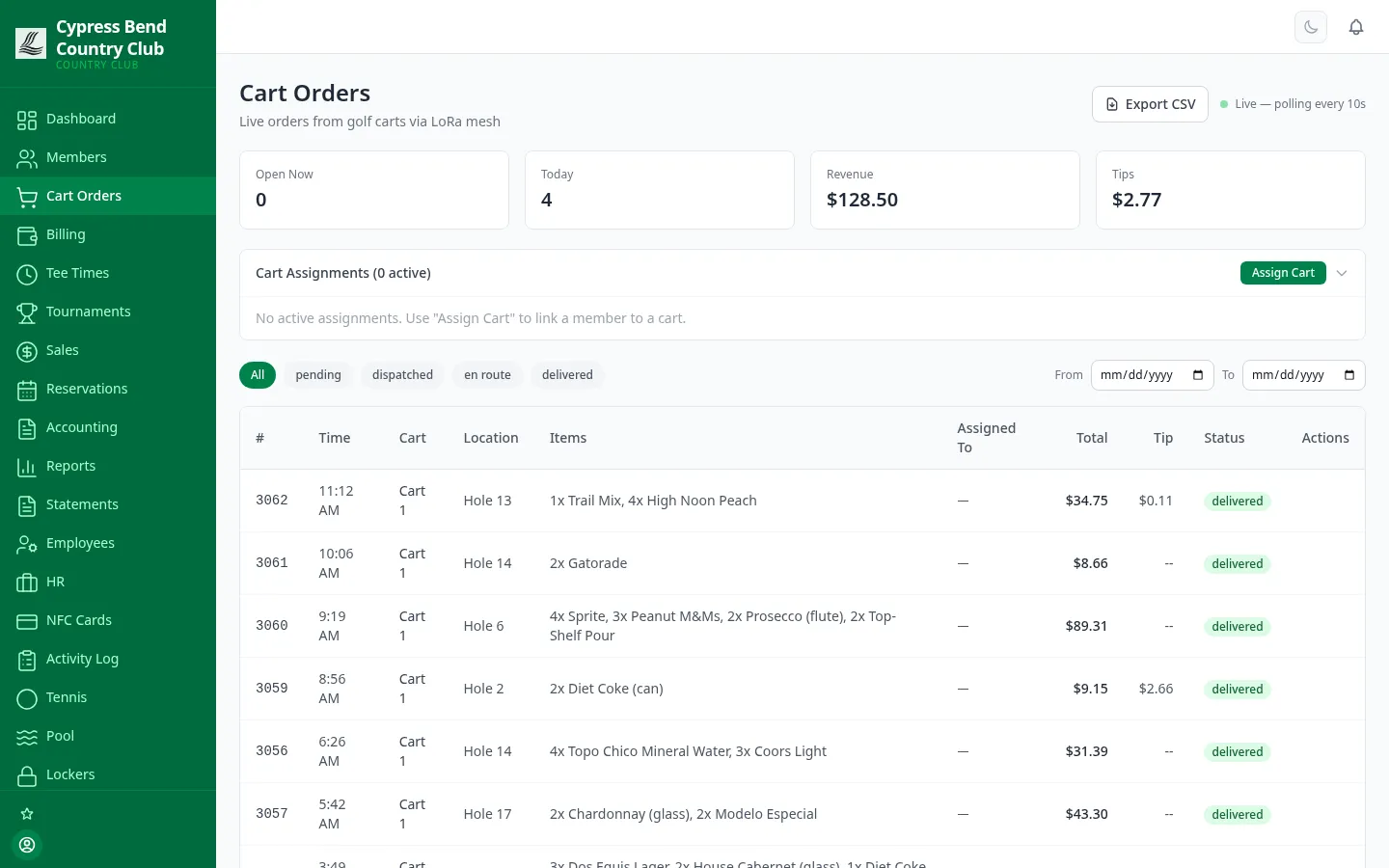ClubCore beverage-cart order queue — incoming cart orders with cart assignments and staff dispatch.