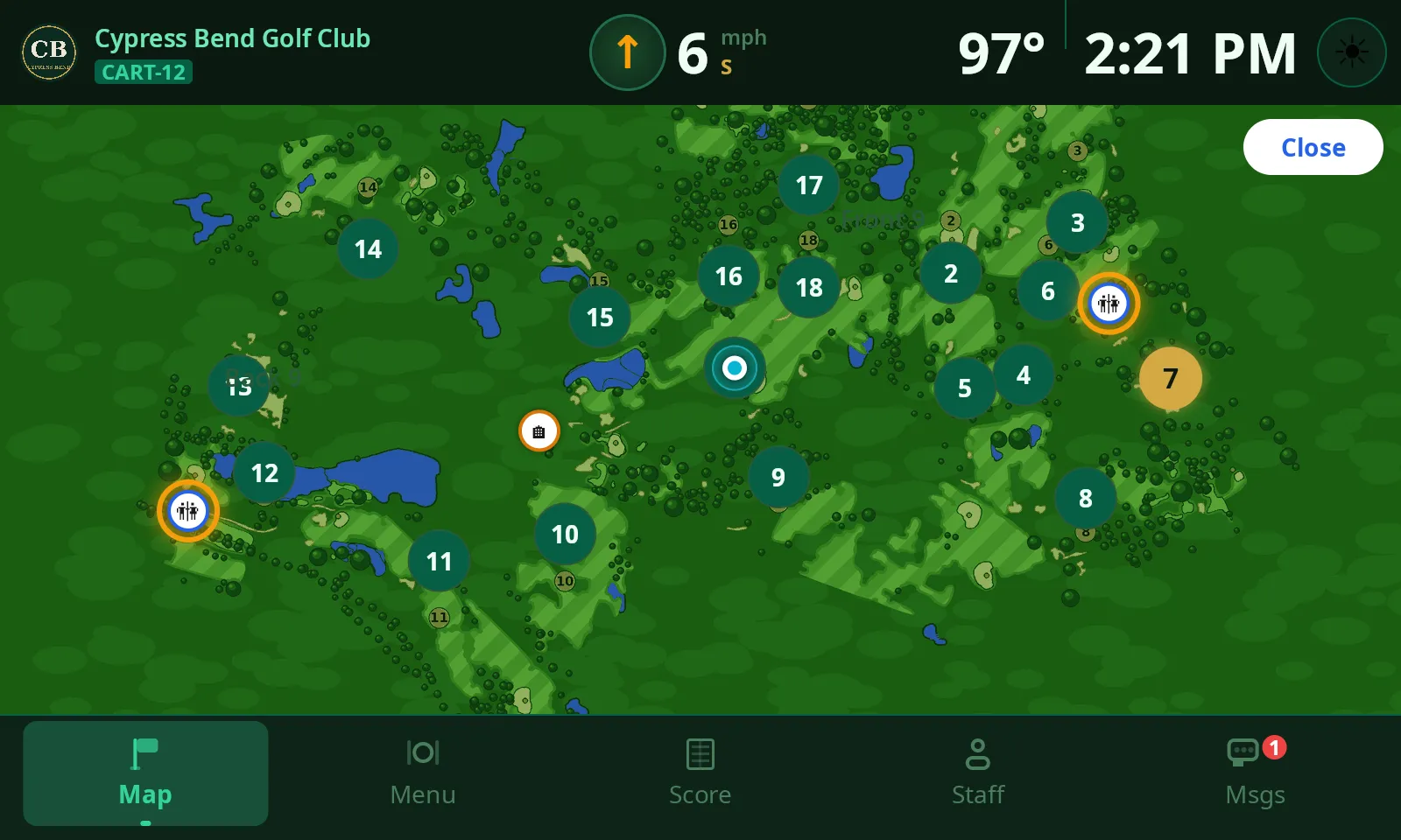 ClubCore cart map with both on-course restrooms highlighted and the nearest one ringed for wayfinding.