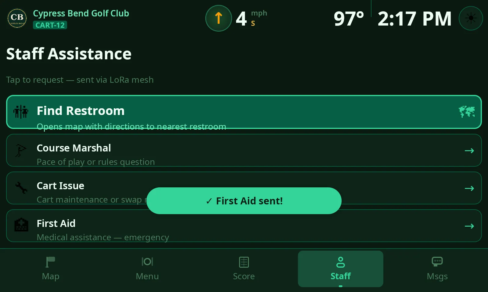 ClubCore cart staff-assistance screen — find restroom, course marshal, cart issue and first aid requests, with a First Aid sent confirmation.