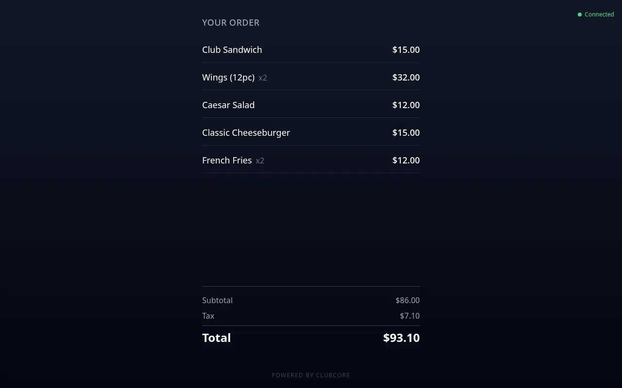 ClubCore customer-facing display at the register showing an in-progress order with line items, subtotal, tax and running total.