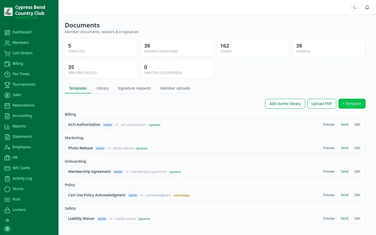 ClubCore Documents module — the back office for templates, the club library and tracked signature requests.