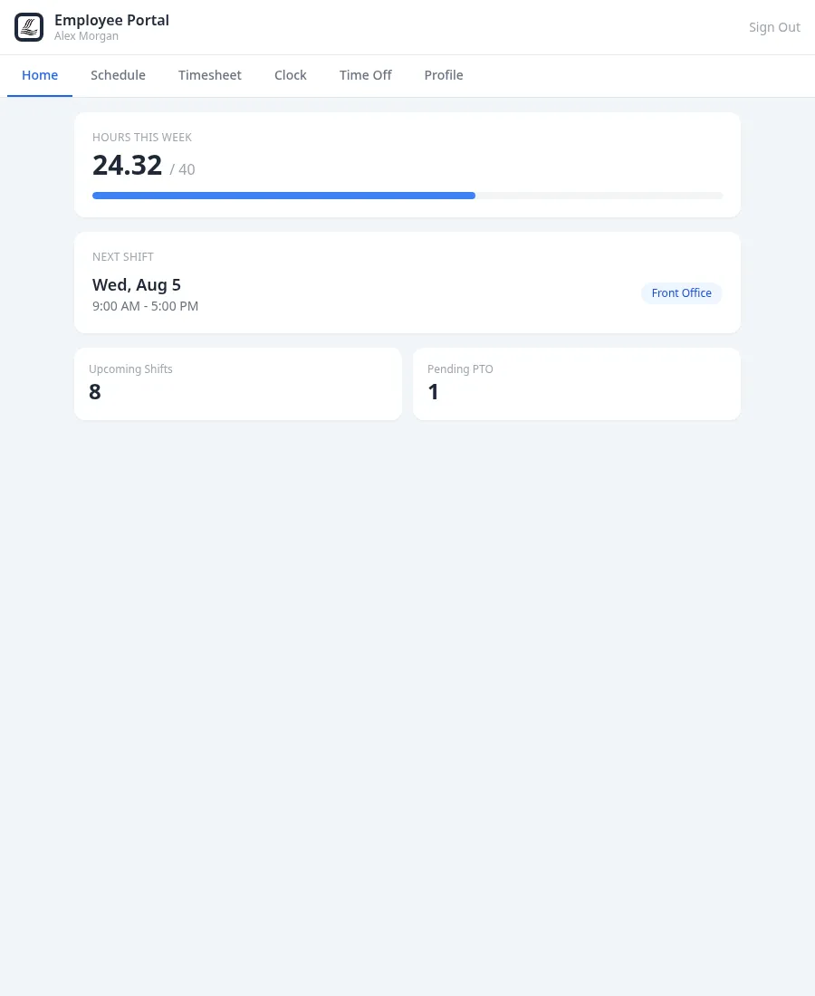 ClubCore employee portal home — hours worked this week against scheduled hours, the next shift, upcoming shifts and pending PTO, with tabs for Schedule, Timesheet, Clock, Time Off and Profile.
