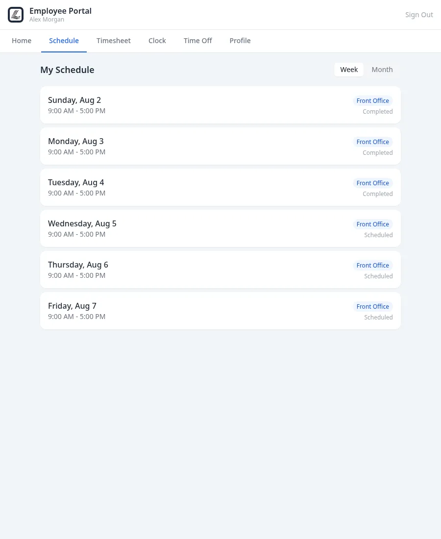 ClubCore employee portal schedule showing upcoming shifts with dates, times, departments and status indicators.