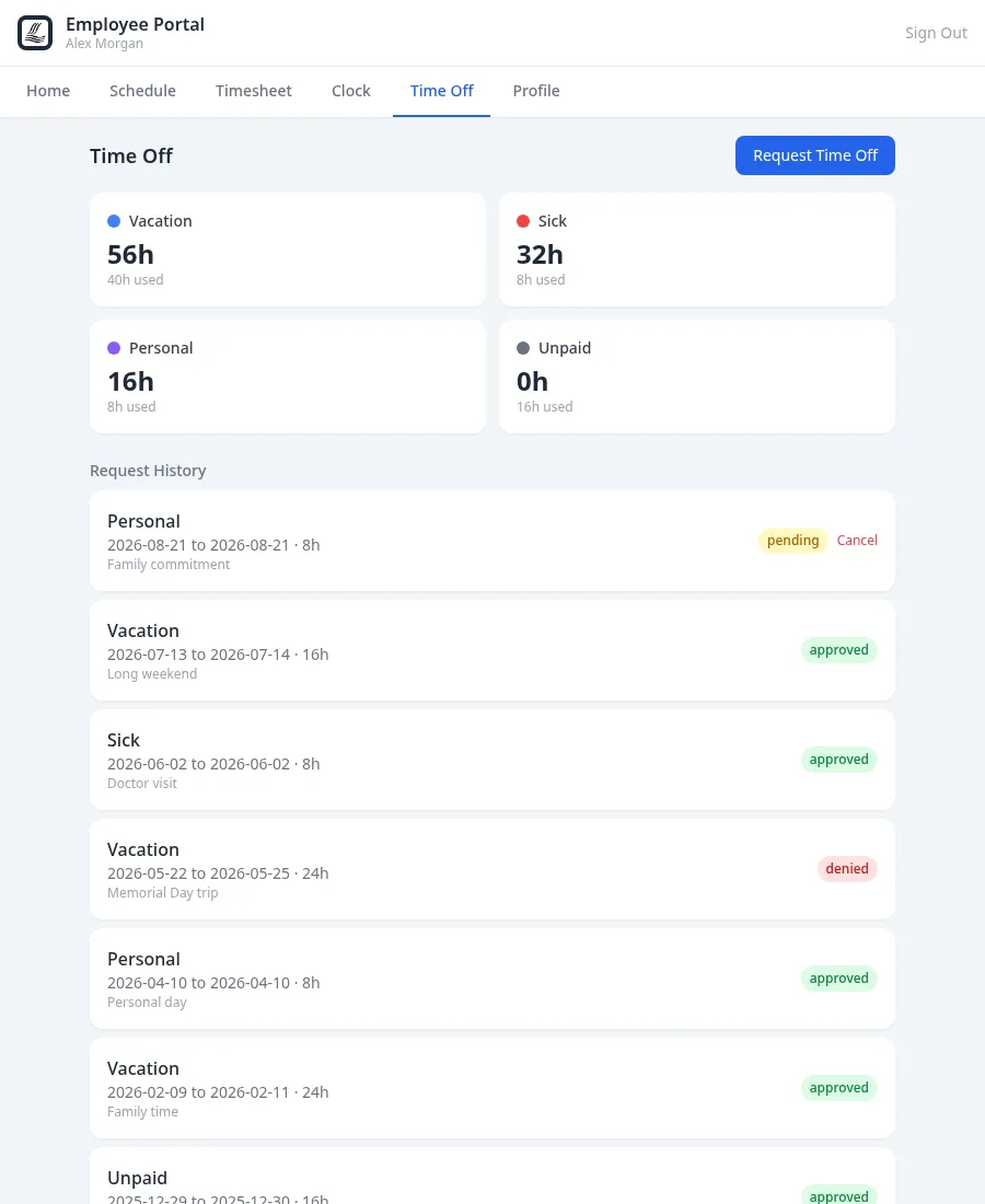 ClubCore employee portal time-off screen showing vacation, sick and personal balances plus the request history with approved, pending and denied requests.