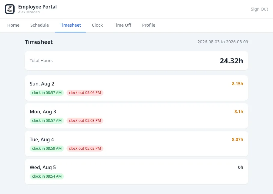 ClubCore employee portal timesheet showing clock entries grouped by day with computed daily hours and a weekly total.