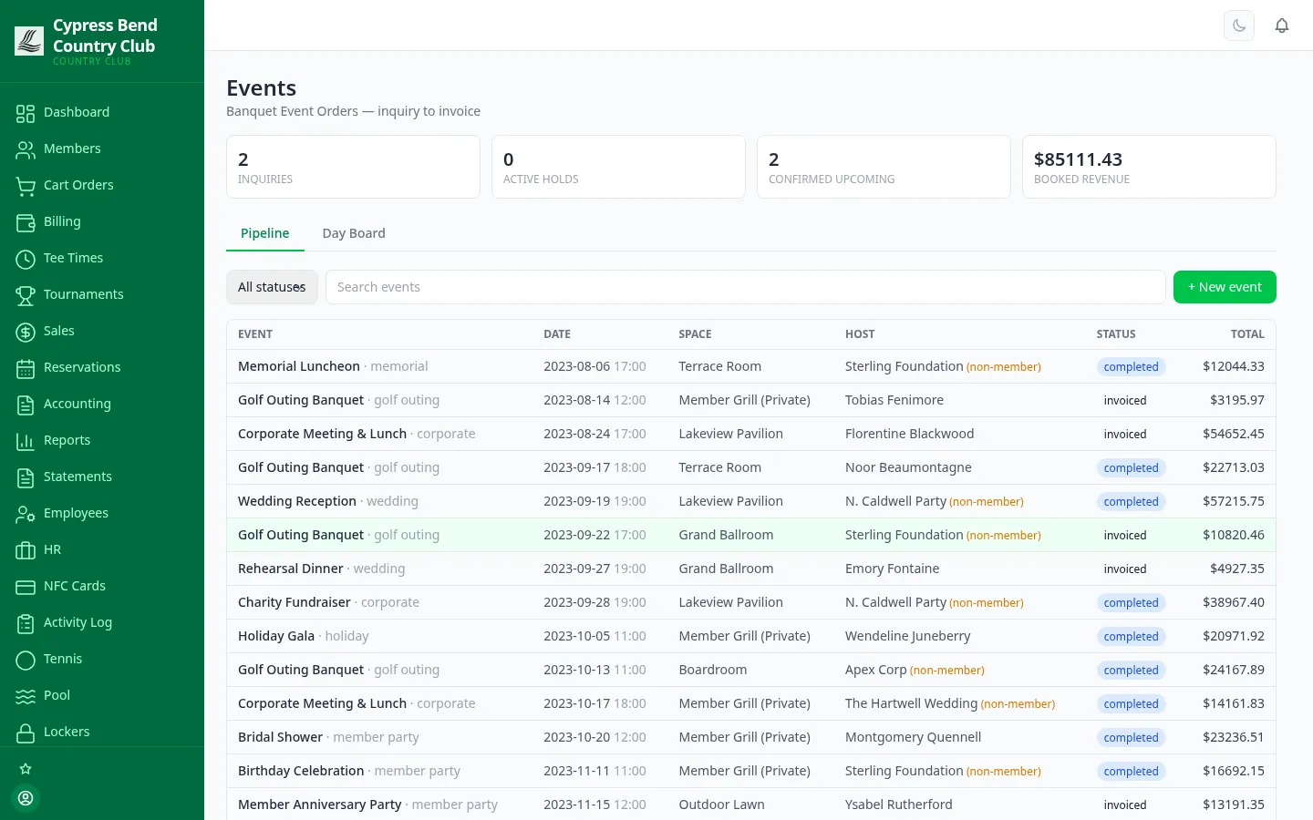 ClubCore Events module showing the Banquet Event Order pipeline with KPIs for inquiries, active holds, confirmed upcoming events and booked revenue.