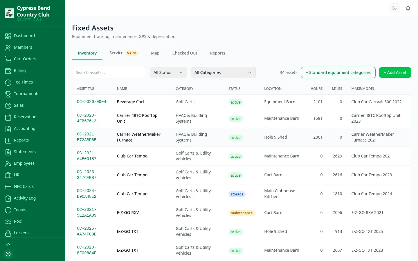 ClubCore Fixed Assets inventory listing golf carts, mowers and kitchen equipment with asset tags, categories, status, location, hours and make/model.