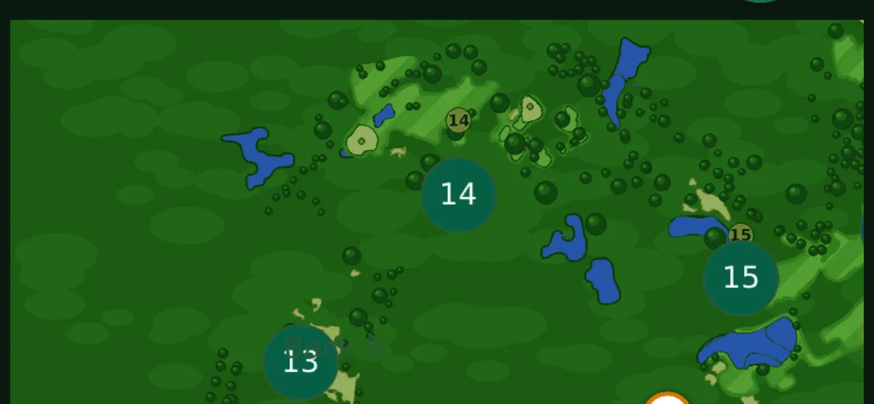 ClubCore golf-cart touchscreen showing a live course map with numbered hole markers, fairways and hazards.