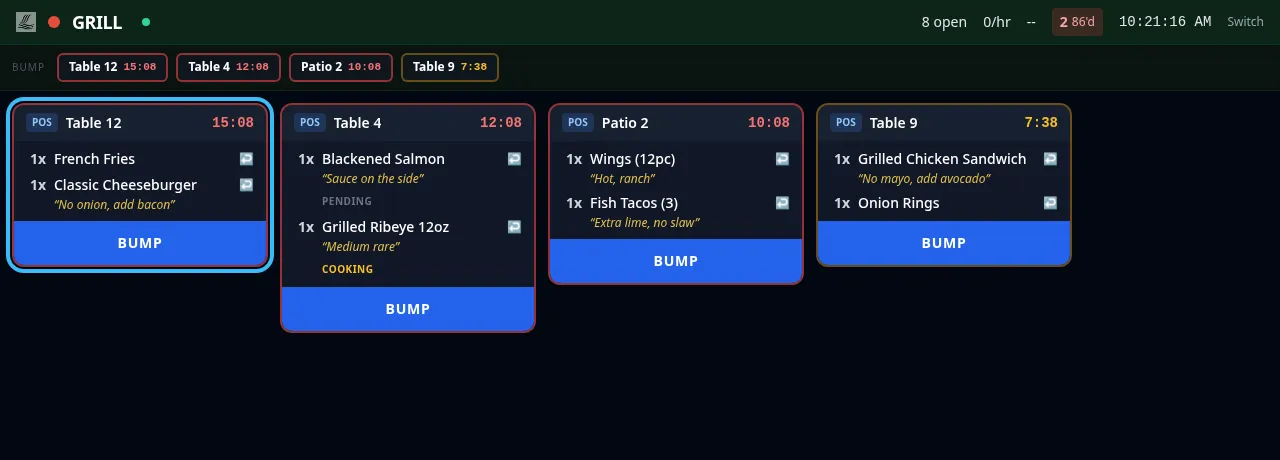 Grill station display mid-service — four open tickets with running timers, per-item status labels (pending, cooking) and modifiers under each line, a bump rail across the top, and header stats including an 86'd count.