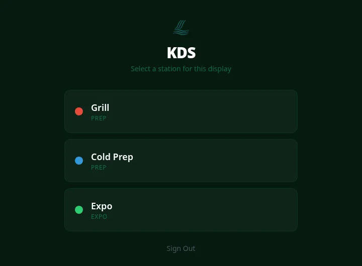 KDS station picker on a dark screen — 'Select a station for this display' with Grill (prep), Cold Prep (prep) and Expo (expo) as choices.