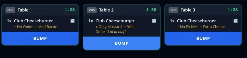 ClubCore kitchen display — live ticket queue at a prep station with bump and recall.