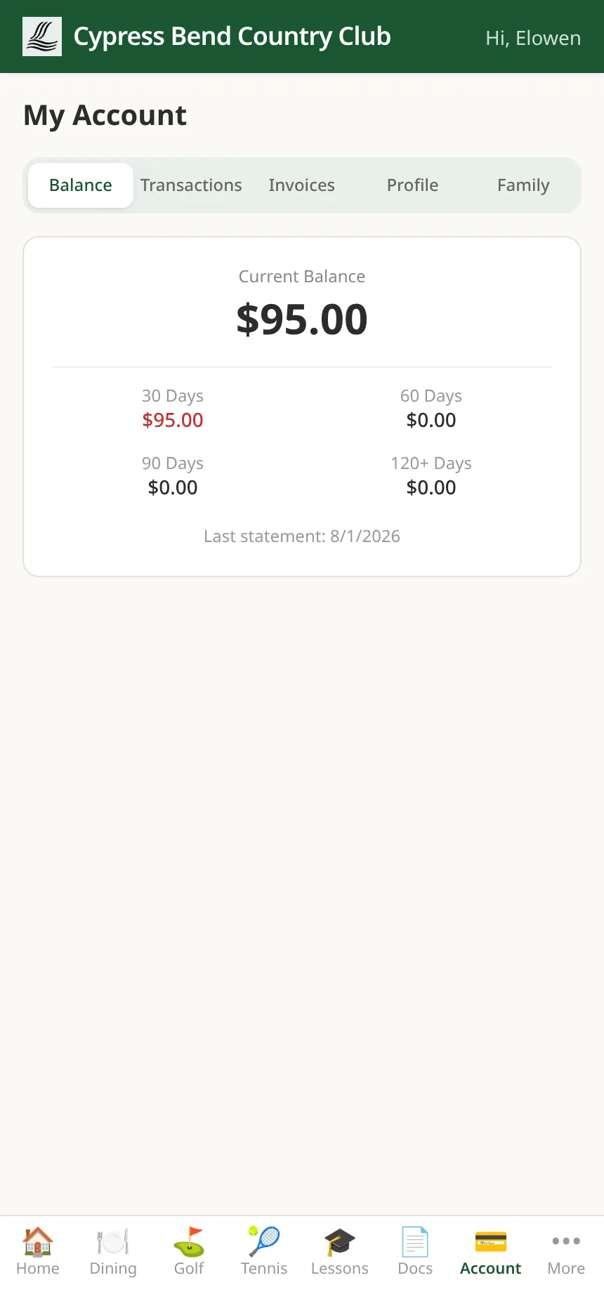 ClubCore member portal My Account screen — current balance with 30, 60, 90 and 120+ day aging, alongside tabs for transactions, invoices, profile and family.