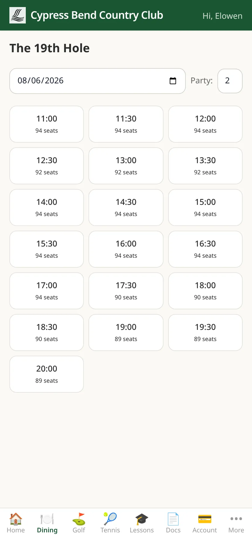 ClubCore member portal dining page — a member browsing restaurant availability and booking a reservation.