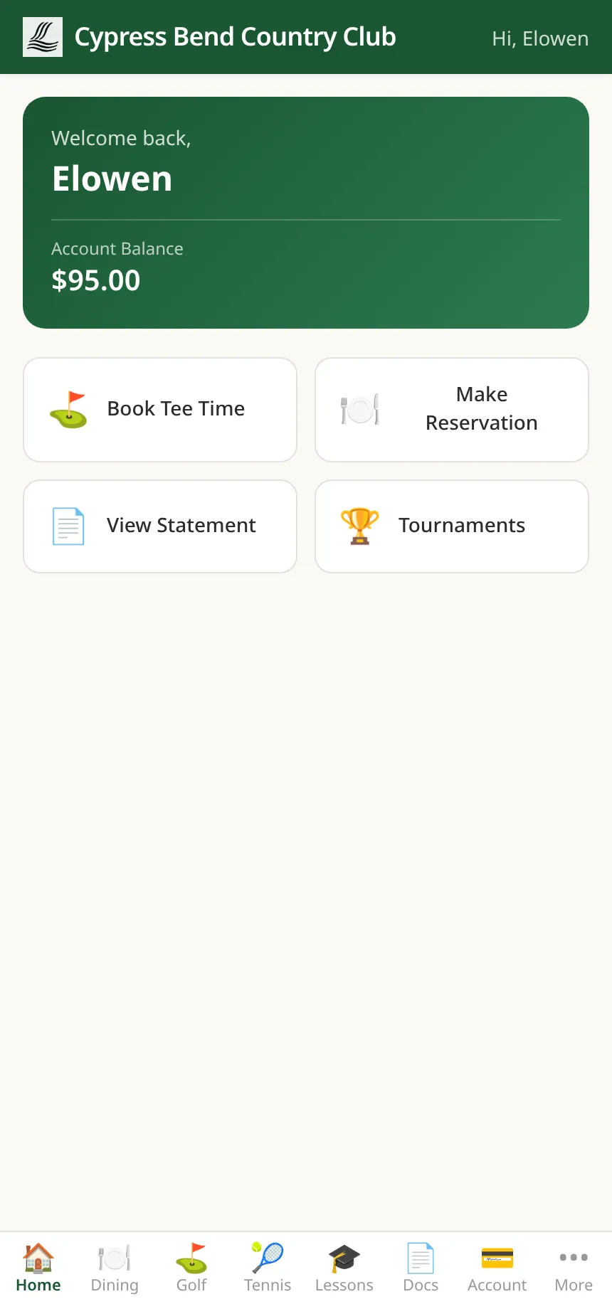ClubCore member portal home — tee times, dining and account balance from the member’s phone.