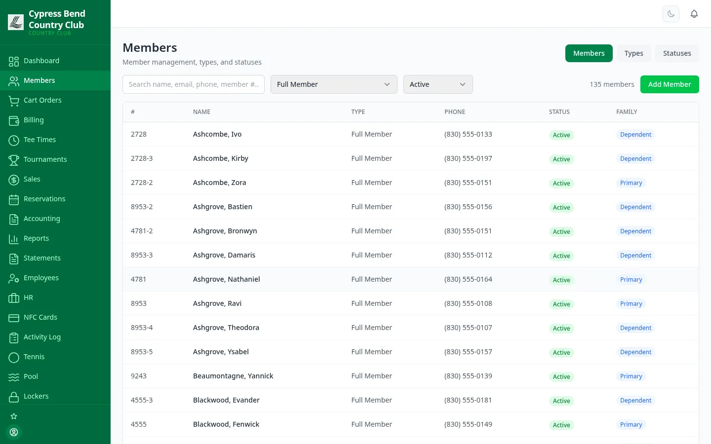 ClubCore member management — the member roster with classes, statuses and balances.