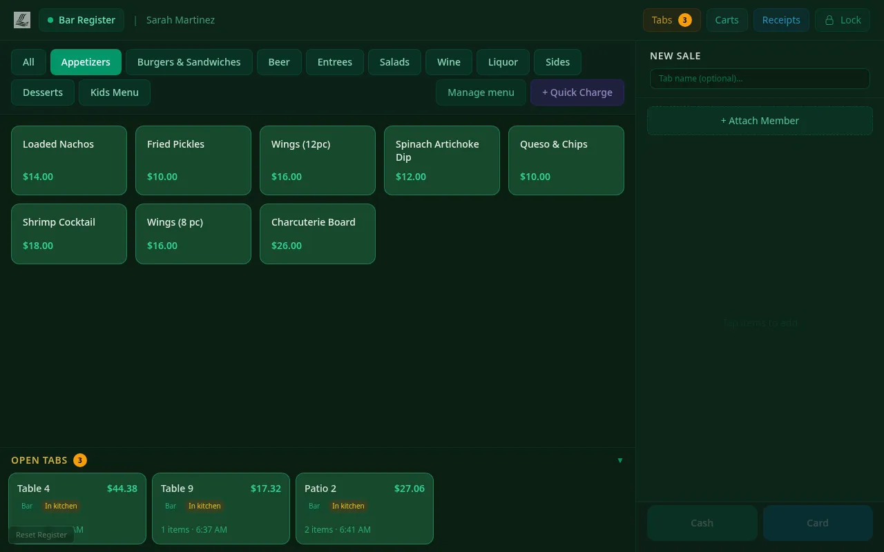 ClubCore Mobile POS on a tablet — menu departments and item grid for the bar station, dark theme.