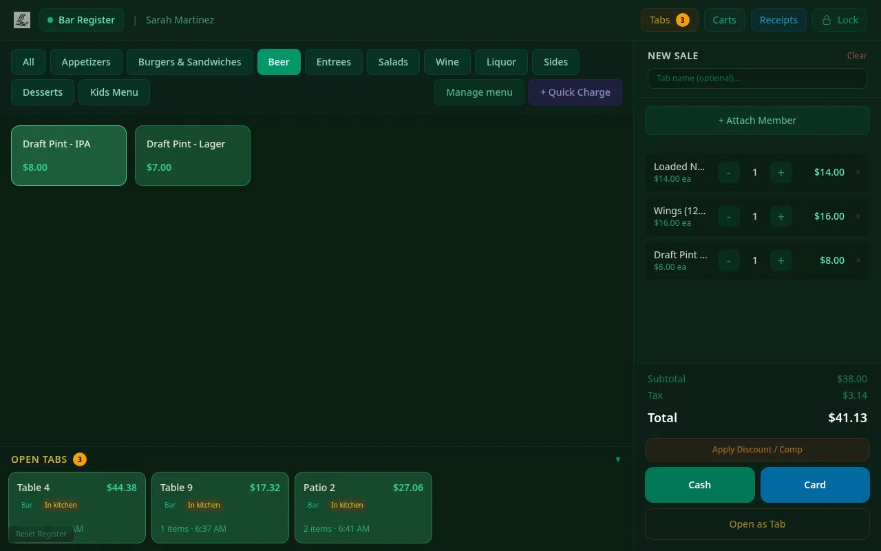 ClubCore Mobile POS open ticket — line items with subtotal, tax and total on a tablet.