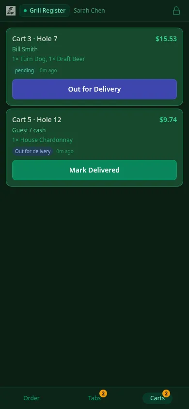 ClubCore mobile register Carts view — two on-course orders with hole numbers, one pending with an Out for Delivery button and one en route with Mark Delivered.