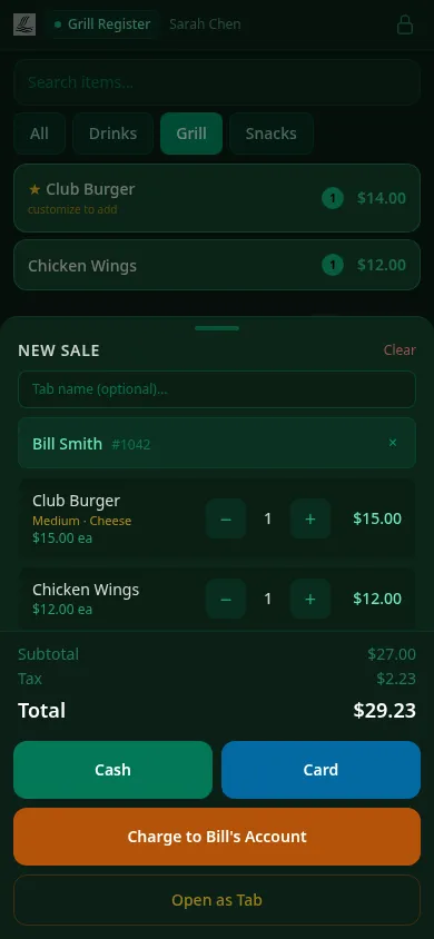ClubCore mobile register on a phone — an open sale with a member attached and a Charge to Account button alongside Cash, Card and Open as Tab.