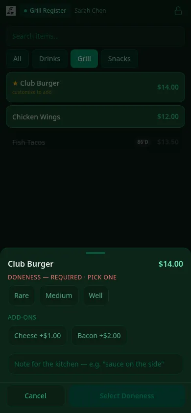 ClubCore mobile register modifier sheet — doneness is required before a Club Burger can be added, with add-ons and a kitchen note.