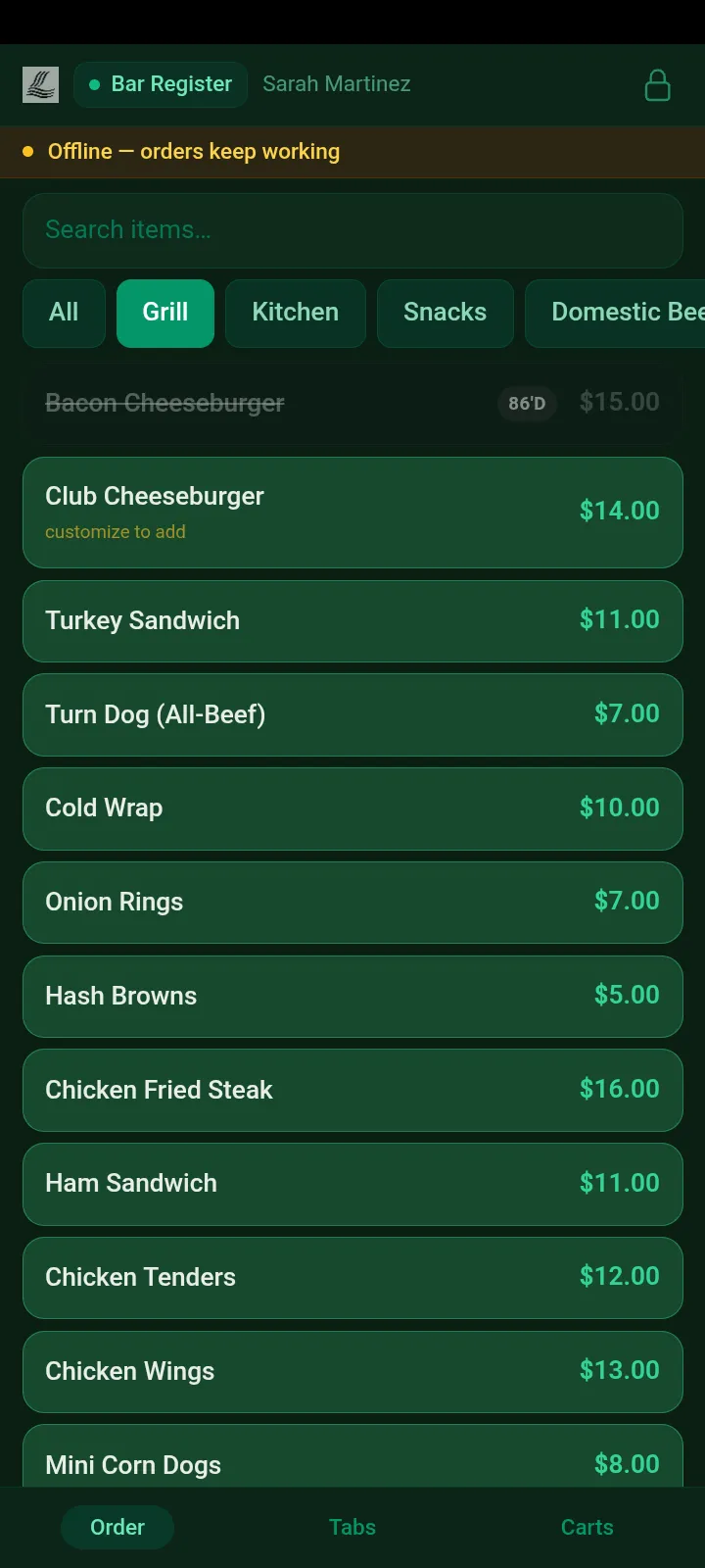 ClubCore mobile register on an Android phone showing the offline banner — 'Offline — orders keep working' — above a browsable menu.