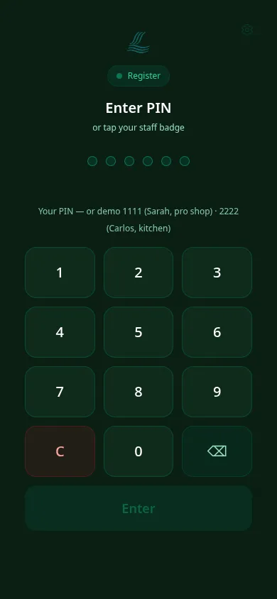 ClubCore mobile register PIN screen — enter a four-digit PIN or tap your staff badge.
