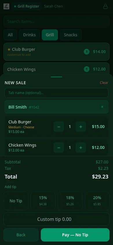 ClubCore mobile register tender step — sale total with tip options before payment.