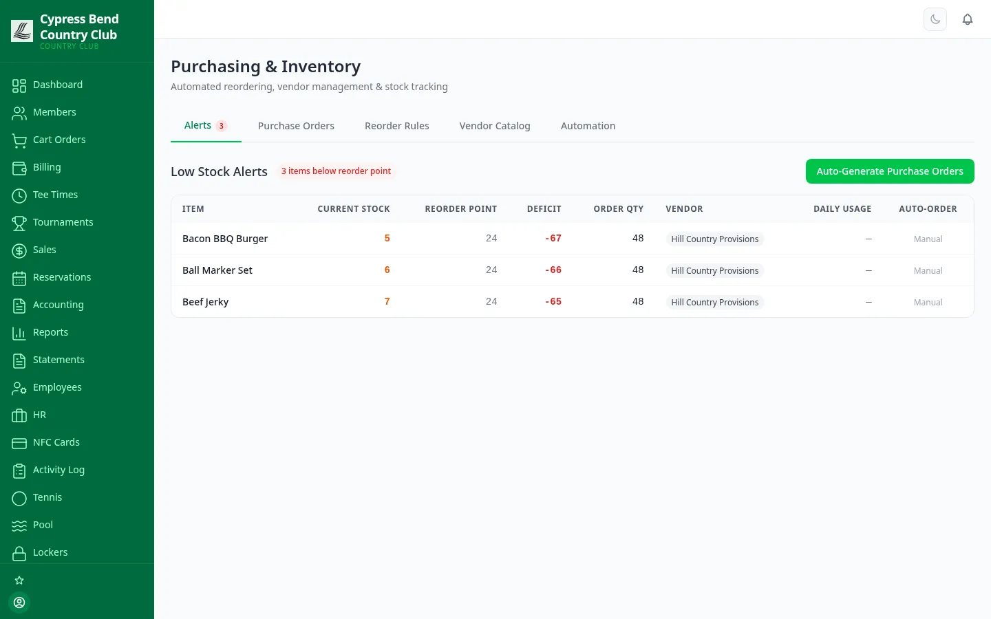 ClubCore Purchasing & Inventory page with tabs for low-stock Alerts, Purchase Orders, Reorder Rules, Vendor Catalog and Automation.