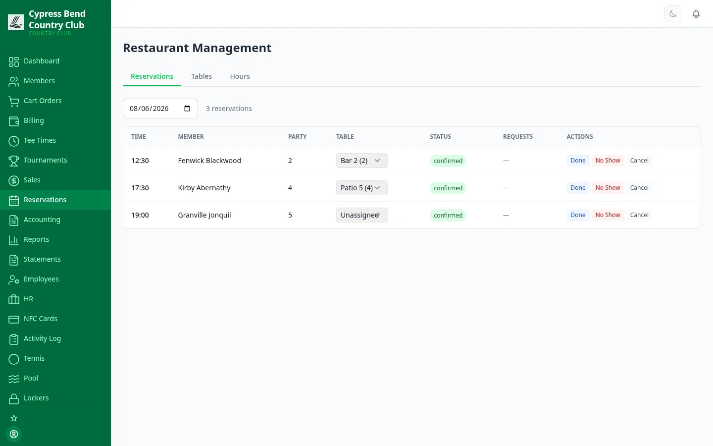 ClubCore restaurant reservations — the day's bookings with party sizes, times and assigned tables.