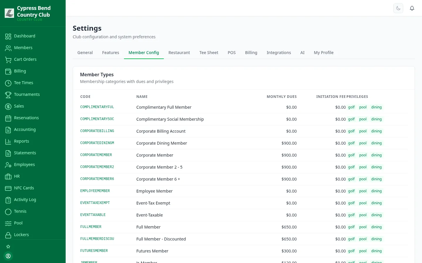 ClubCore member configuration screen listing member types with code, name, monthly dues, initiation fee and golf, pool and dining privileges.