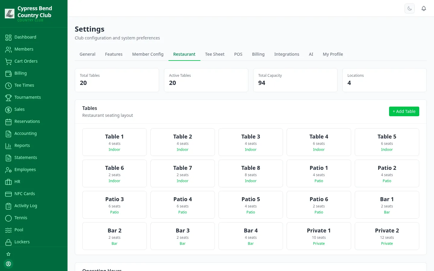 ClubCore restaurant settings — table setup with capacities and per-day operating hours with time slots.
