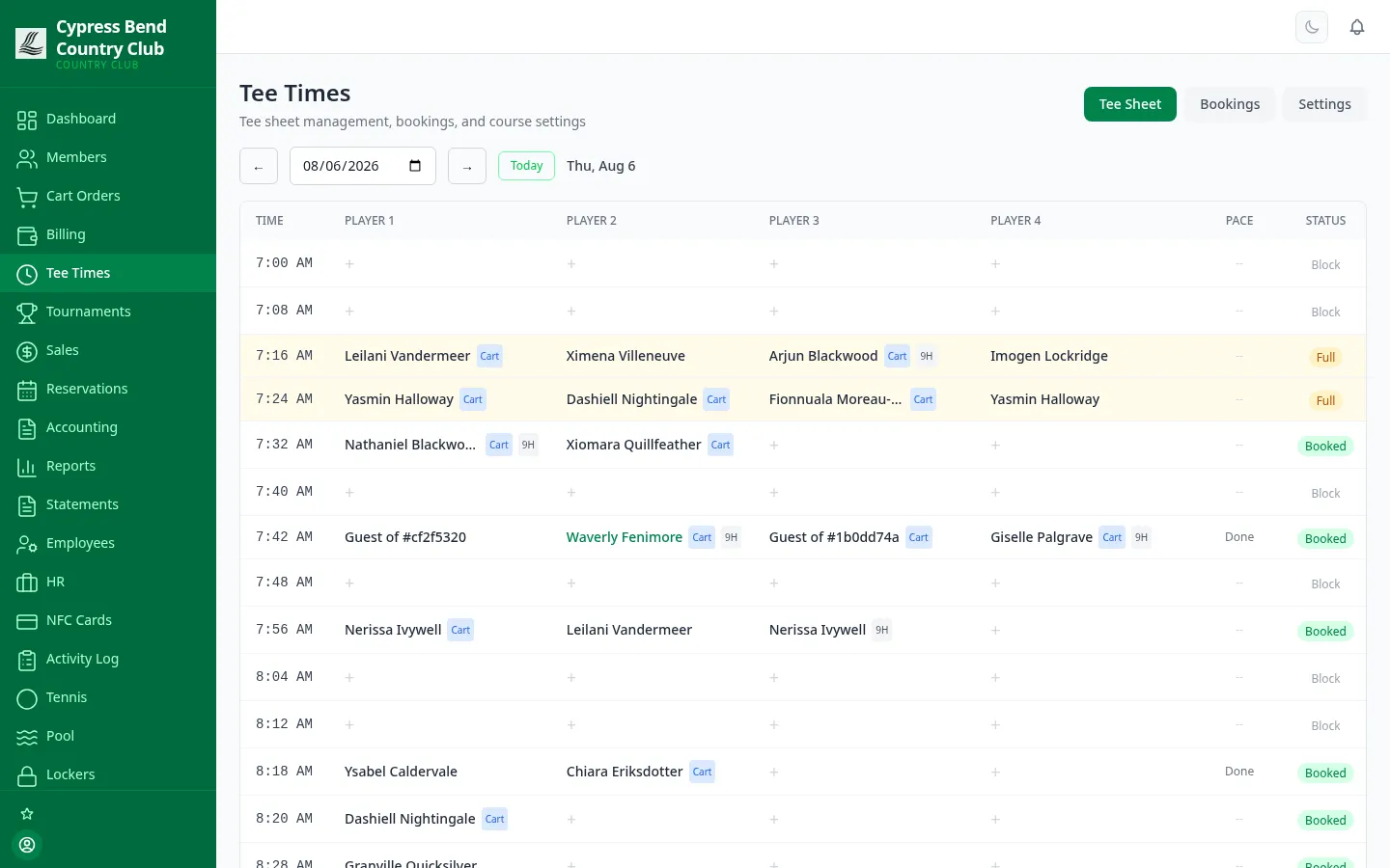 ClubCore tee sheet — color-coded daily booking grid with player names and cart assignments.