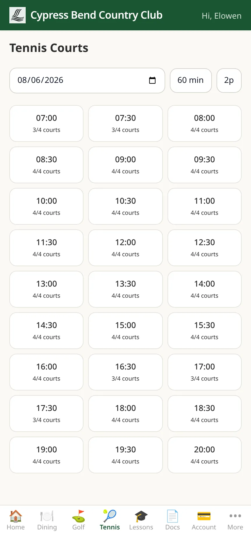 ClubCore member portal on a phone — tennis court booking with date, duration and party-size pickers above a grid of open slots showing remaining courts.