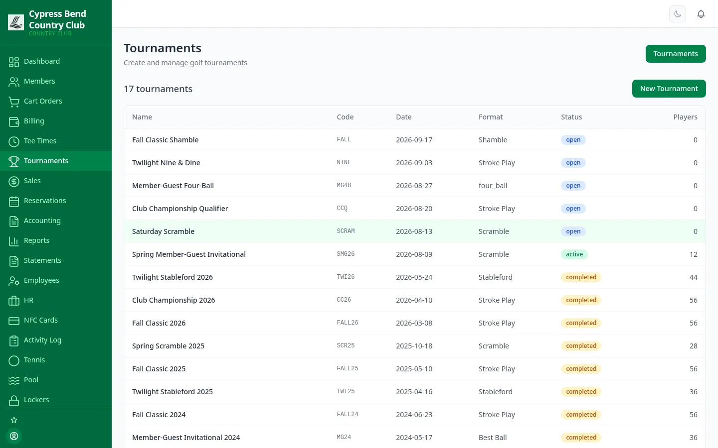 ClubCore tournament management — events with format, participants, status and configuration.